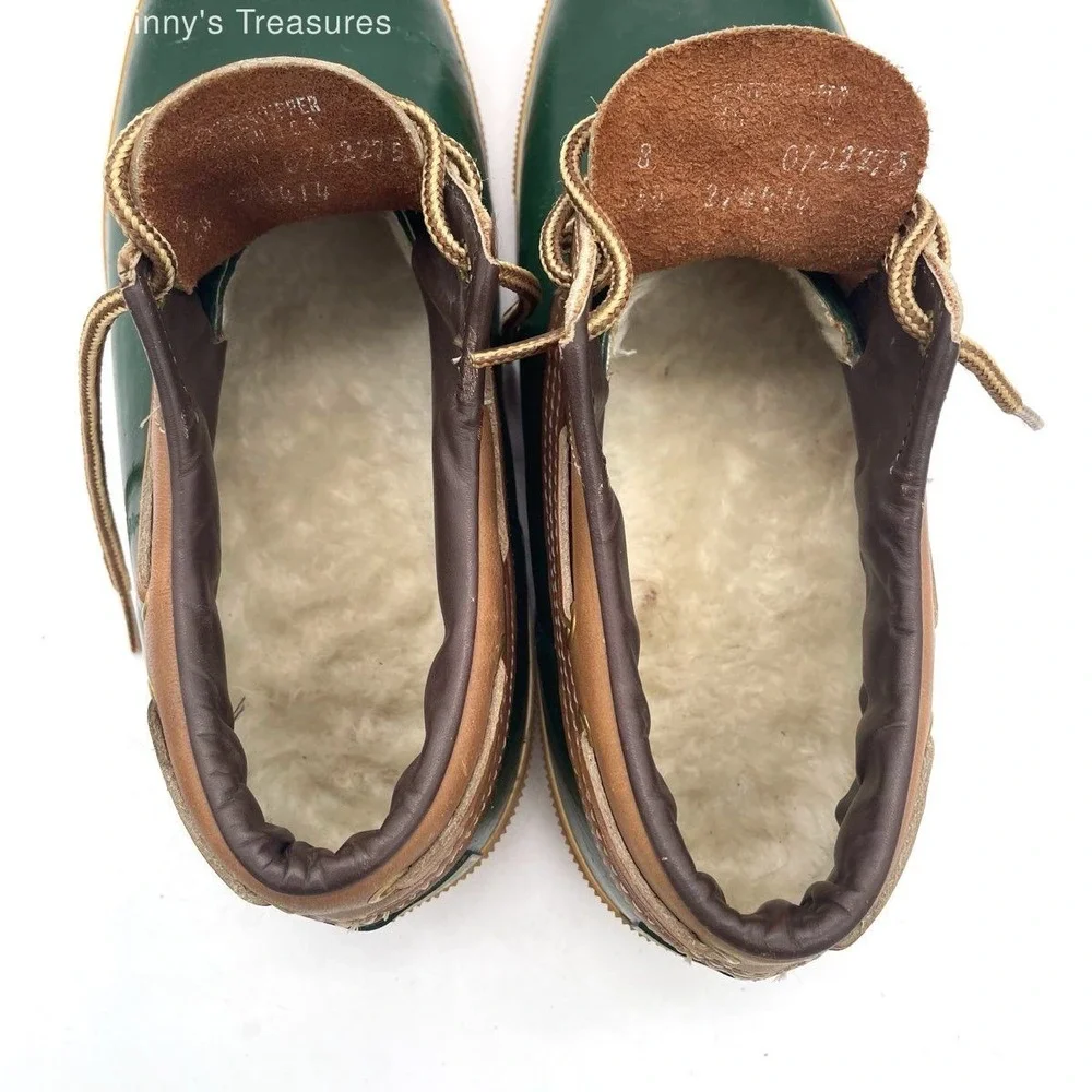 VTG Lands' End Insulated Duck Shoes Sz 8 Green Brown Rubber Leather Sherpa Lined